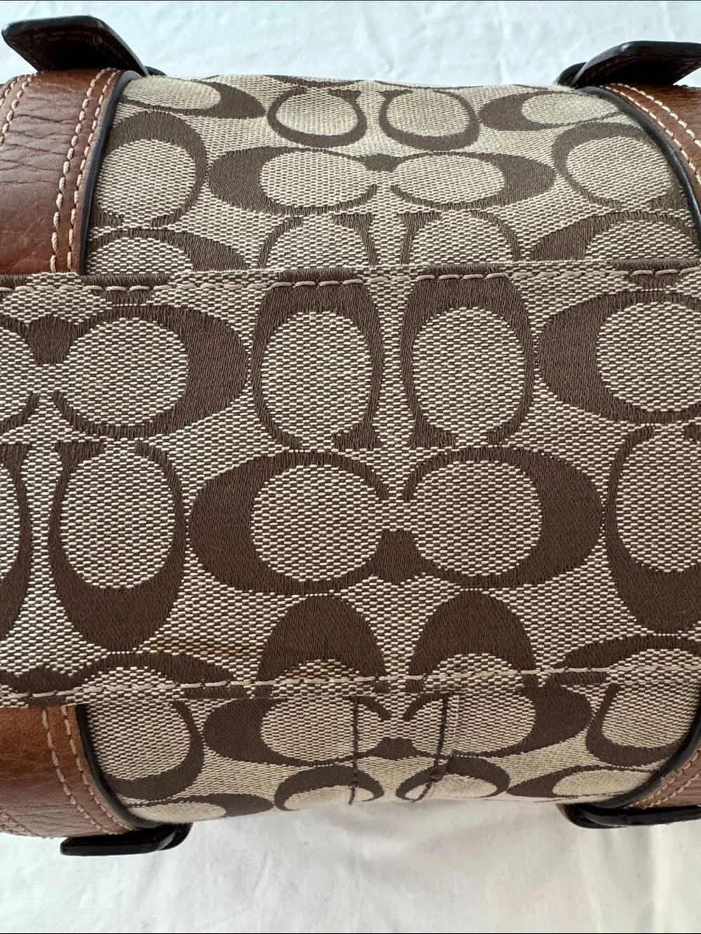 Coach Brown Signature Canvas Shoulder Bag with Tan Leather Trim